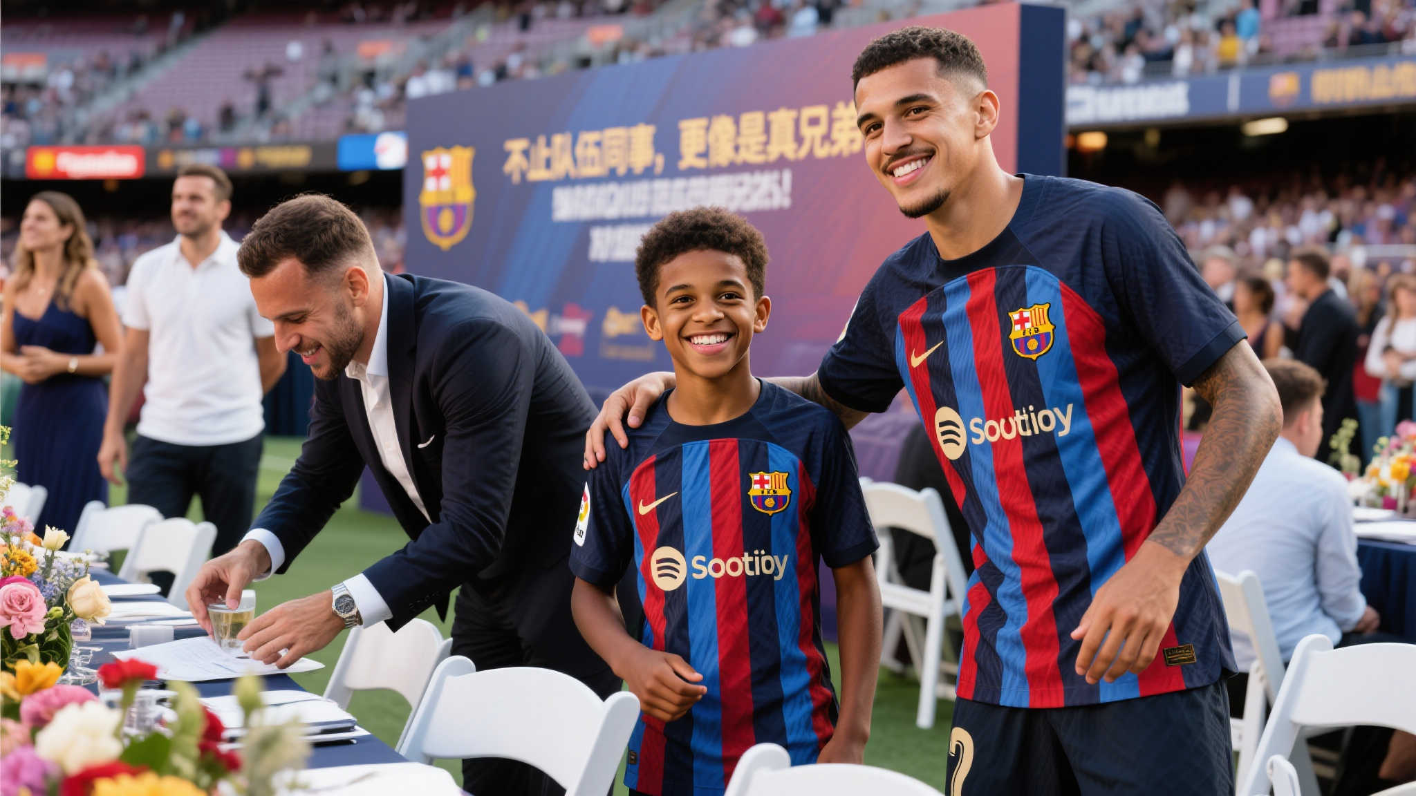 “阿劳霍喜结连理,法蒂到场送祝福” 除了新人成为焦点外,小将在活动当天可谓赚足眼球。据